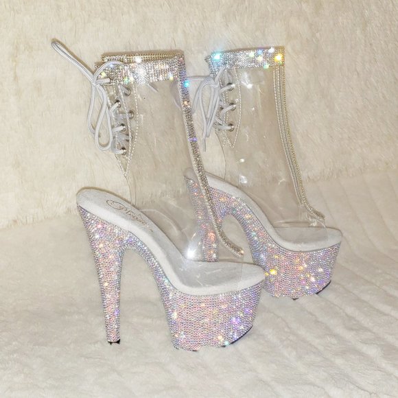 Bejeweled Rhinestone Platform Heel Ankle Boots Wit - Picture 1 of 17